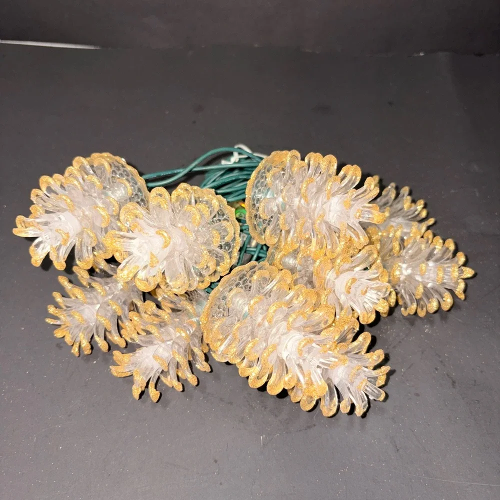 9' Vtg Style Glitter Pinecone String Lights 10 Count Gold Amber Glow Green Wire